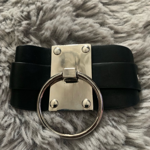 Aldo Jewelry - Wide Black Faux Leather Bracelet with Silver Ring Accent